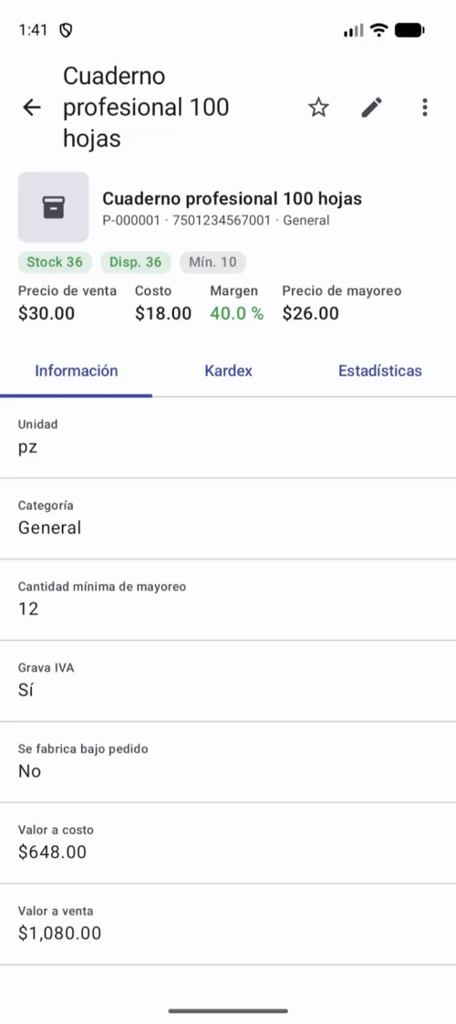 El detalle separa existencia, disponible y reservado