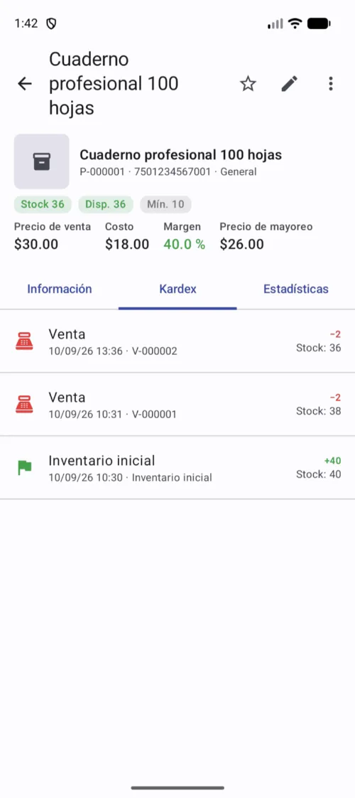 Cada línea del kardex apunta al documento que la originó.