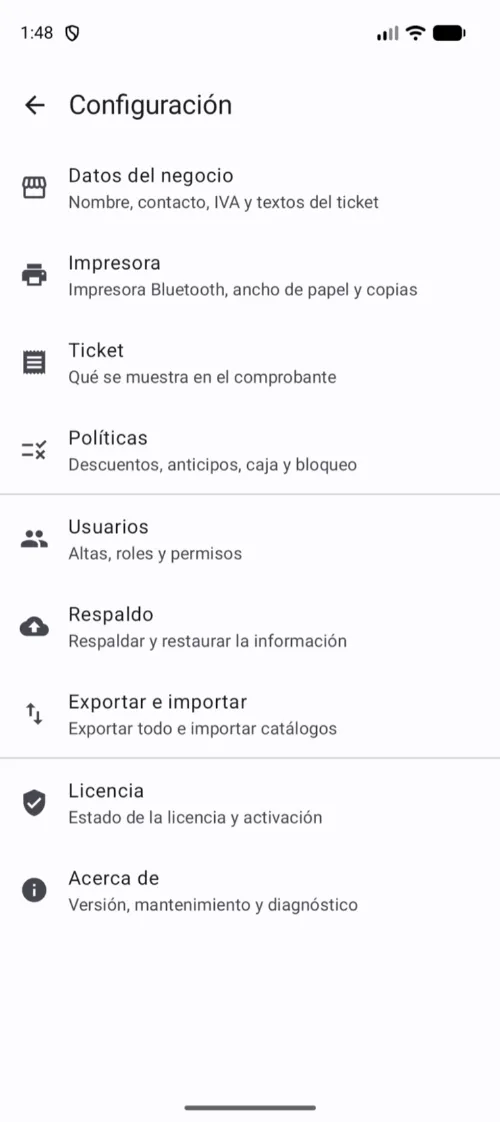 Configuración reúne negocio, impresora, ticket y políticas