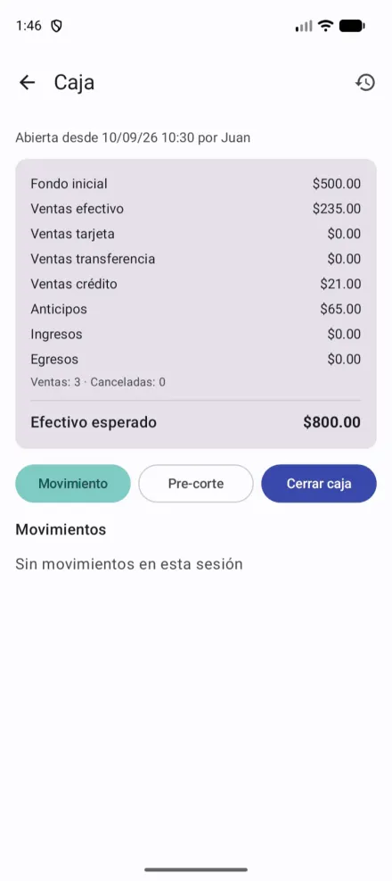 Caja con el desglose y el efectivo esperado
