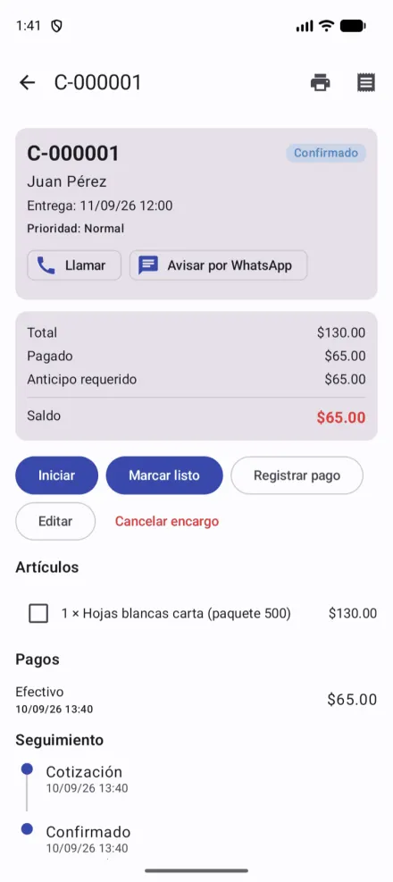 Encargos con anticipo, estados y avisos al cliente