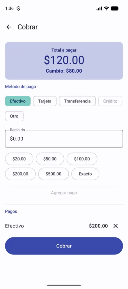 Pago mixto, con el cambio calculado sobre el efectivo