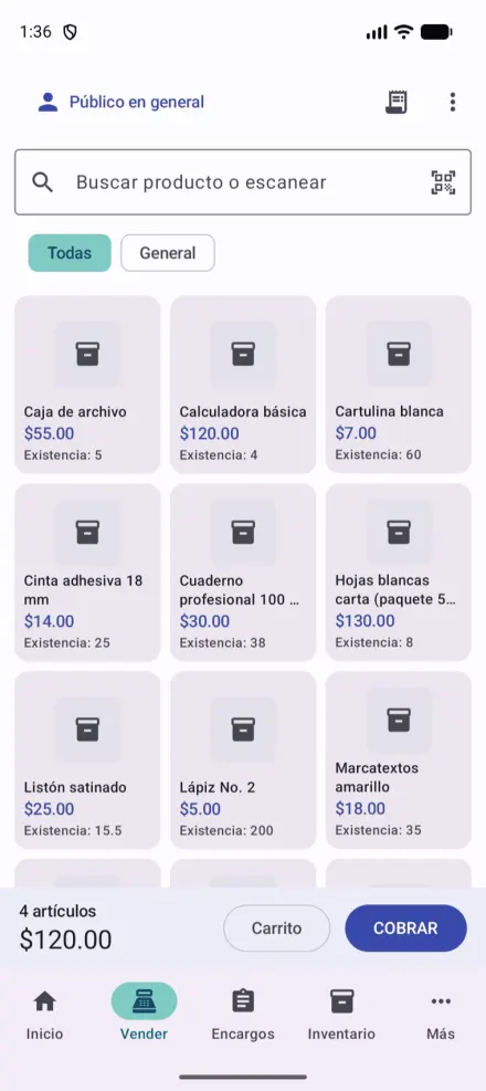 Punto de venta con escáner y carrito siempre visible
